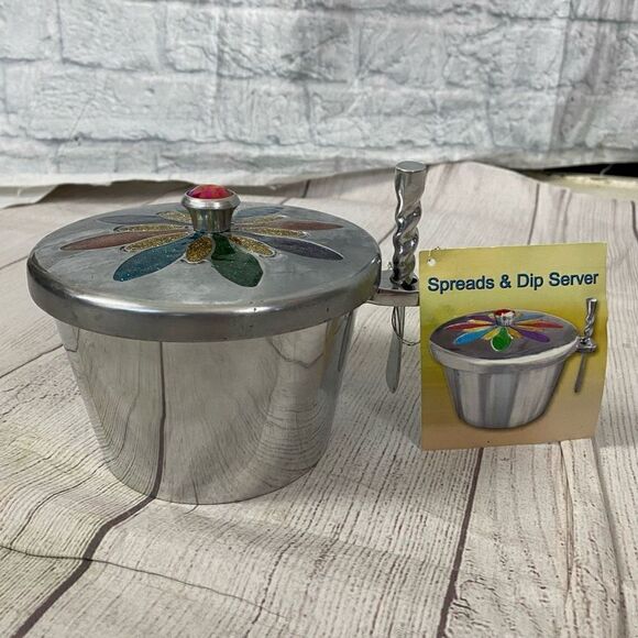 Spreads & dip aluminum server with colorful decorated lid brand new - Picture 1 of 8